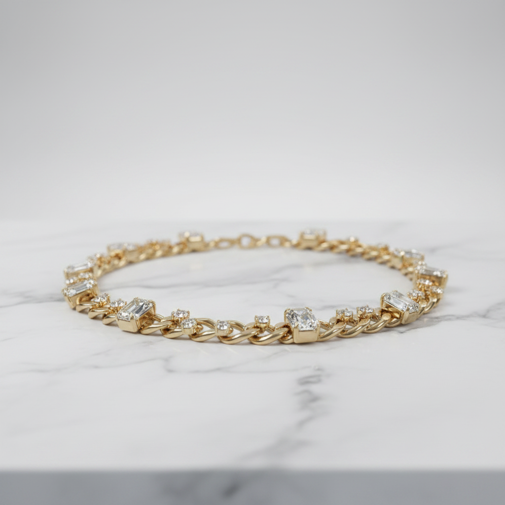 18K Gold Rhinestone Deco Curb Chain Necklace