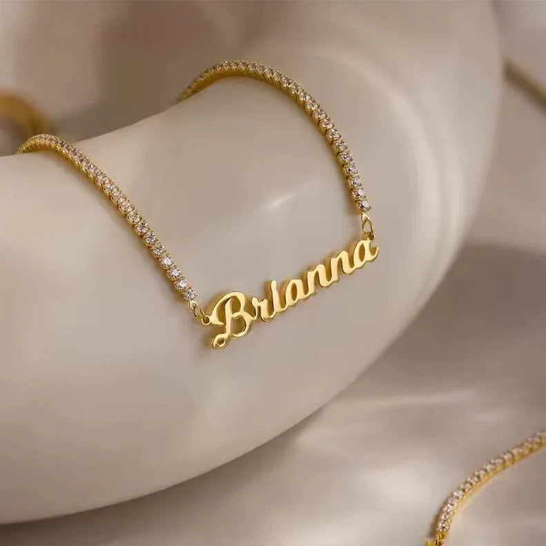Personalized Name Necklace – 18K Gold Cursive Script Pendant on Tennis Chain