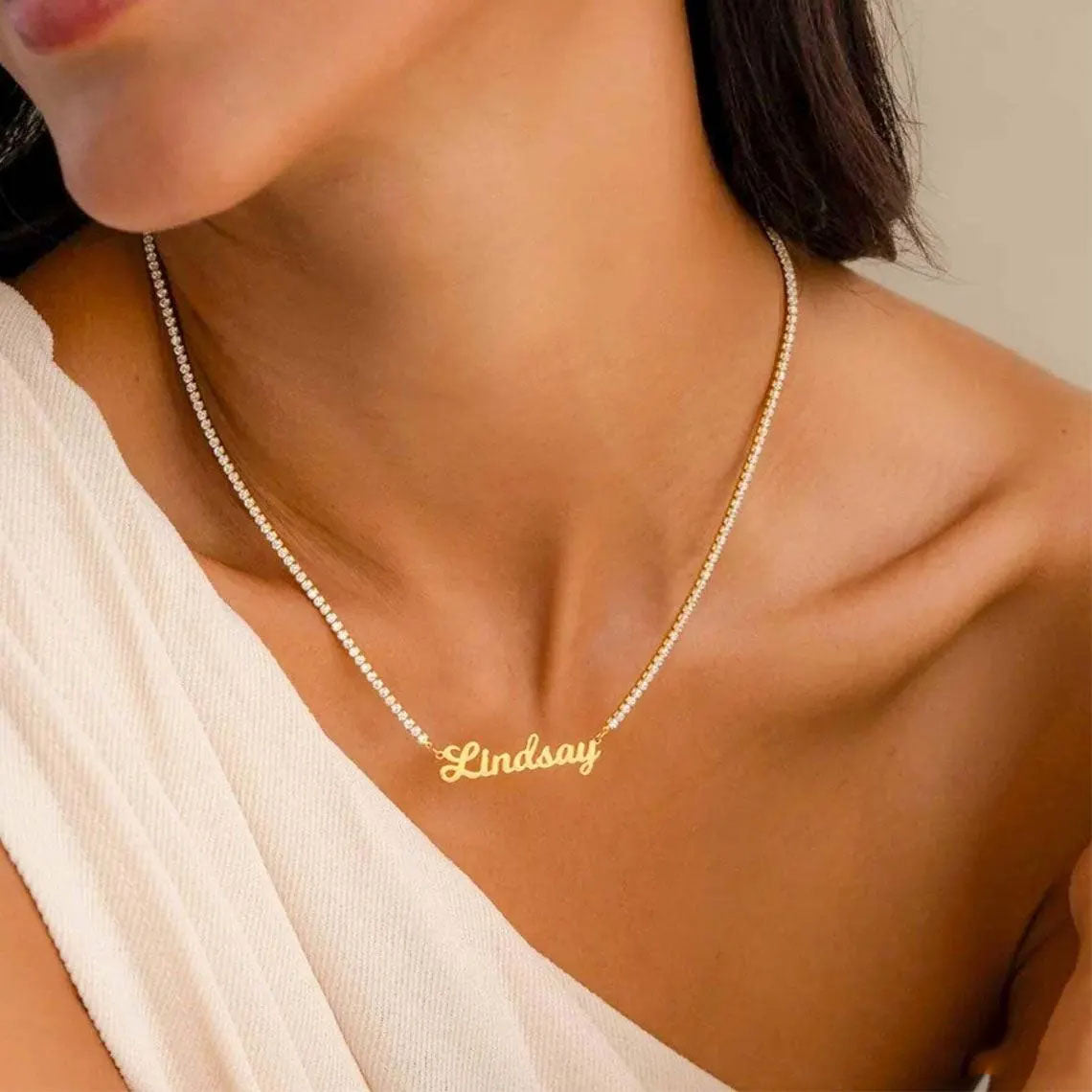 Personalized Name Necklace – 18K Gold Cursive Script Pendant on Tennis Chain