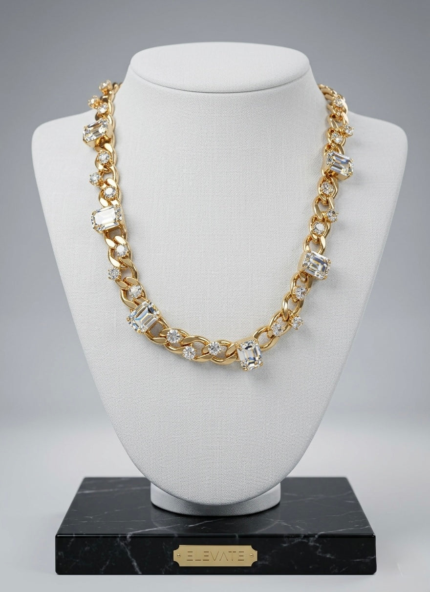 Gold Curb Chain Necklace – 18K Gold Plated Rhinestone Cuban Link Statement Necklace for Women
