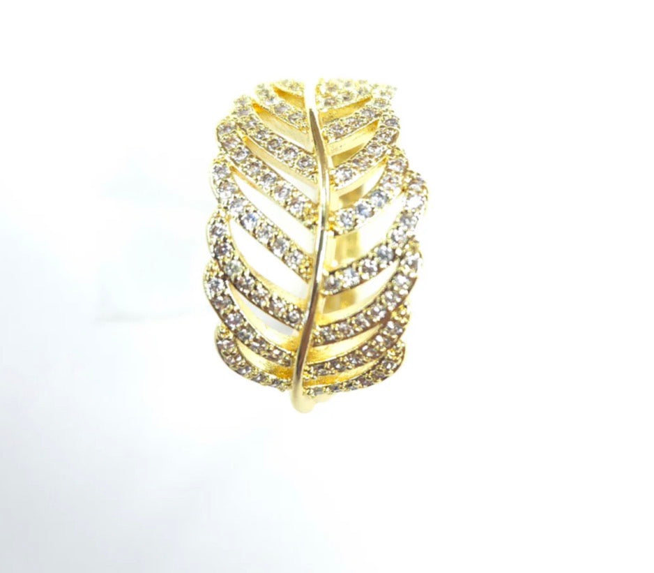 Gold Leaf Statement Ring – 18K Gold Pavé CZ Adjustable Nature-Inspired Ring for Women