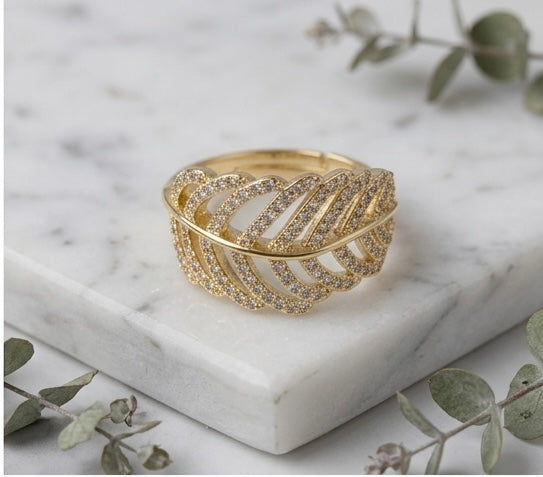 Gold Leaf Statement Ring – 18K Gold Pavé CZ Adjustable Nature-Inspired Ring for Women