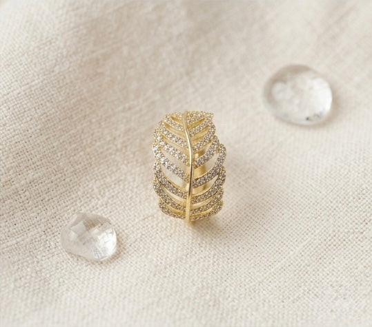 Gold Leaf Statement Ring – 18K Gold Pavé CZ Adjustable Nature-Inspired Ring for Women