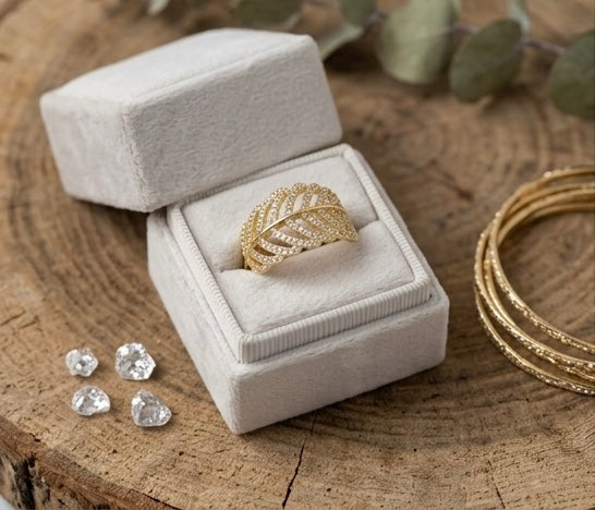Gold Leaf Statement Ring – 18K Gold Pavé CZ Adjustable Nature-Inspired Ring for Women