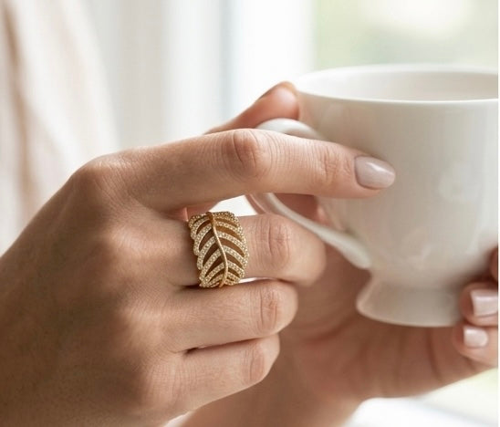 Gold Leaf Statement Ring – 18K Gold Pavé CZ Adjustable Nature-Inspired Ring for Women