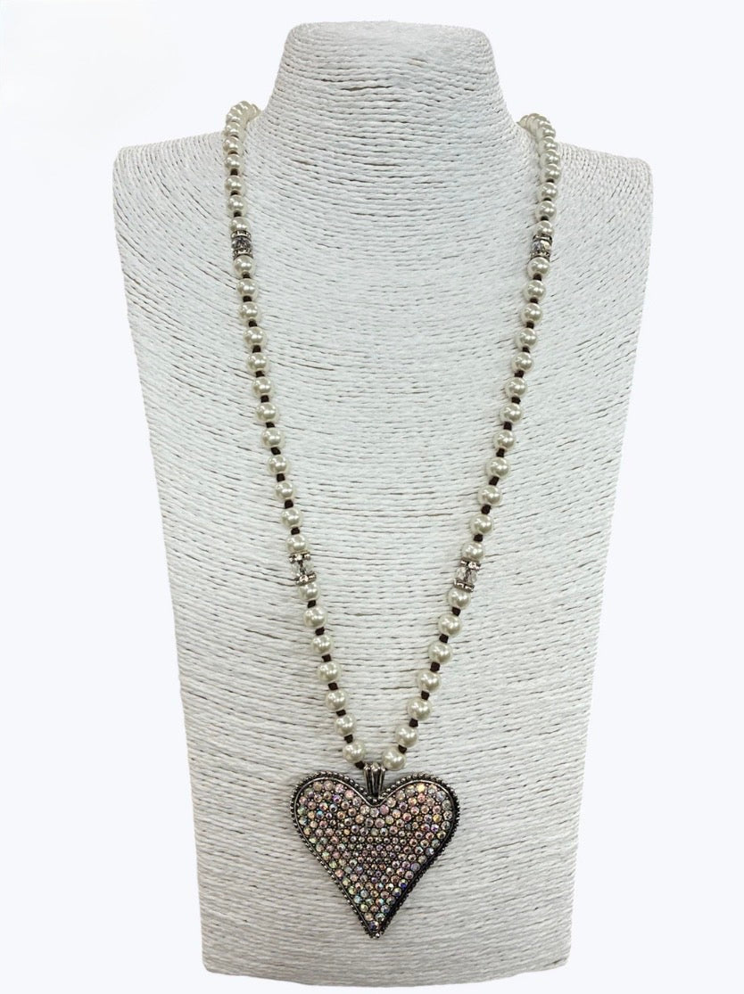 Pearl Heart Pendant Necklace – Long Faux Pearl Beaded Chain with Crystal Heart for Women