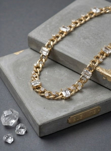 Gold Curb Chain Necklace – 18K Gold Plated Rhinestone Cuban Link Statement Necklace for Women