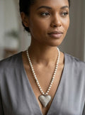 Pearl Heart Pendant Necklace – Long Faux Pearl Beaded Chain with Crystal Heart for Women