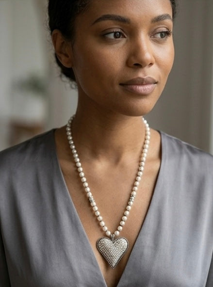 Pearl Heart Pendant Necklace – Long Faux Pearl Beaded Chain with Crystal Heart for Women