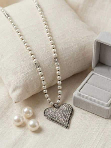 Pearl Heart Pendant Necklace – Long Faux Pearl Beaded Chain with Crystal Heart for Women