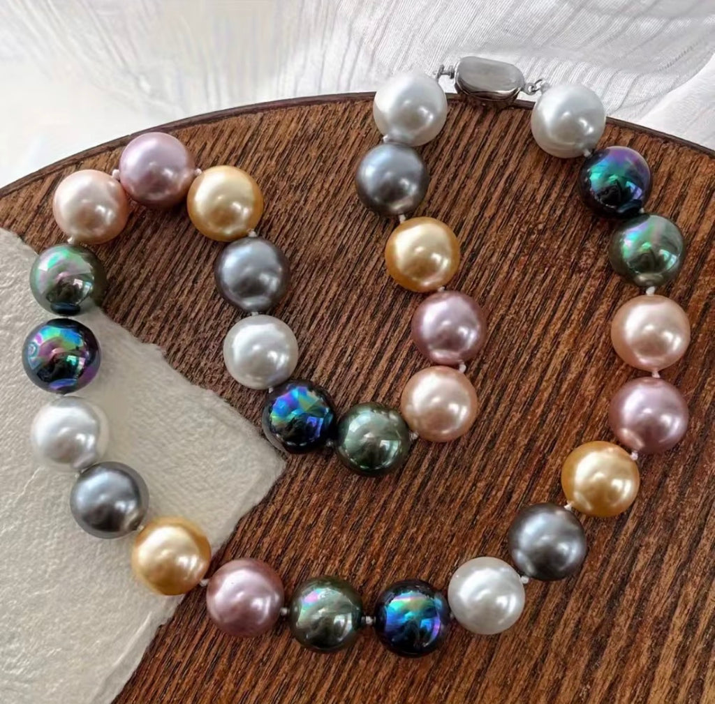 Iridescent Beaded Statement Necklace – 14mm Color-Shifting Pearl Bead Choker for Women
