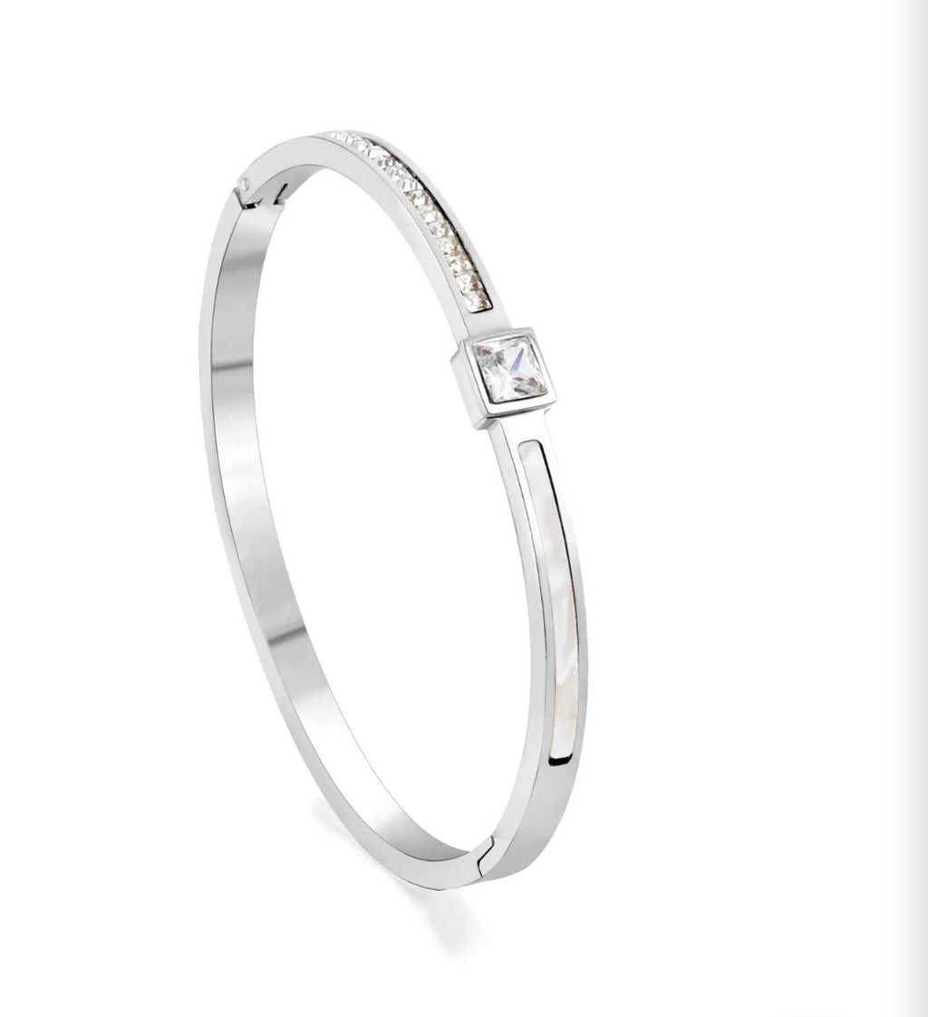 Mother of Pearl Gold Bangle – Waterproof 18K Gold Iridescent Shell Crystal Hinged Bracelet