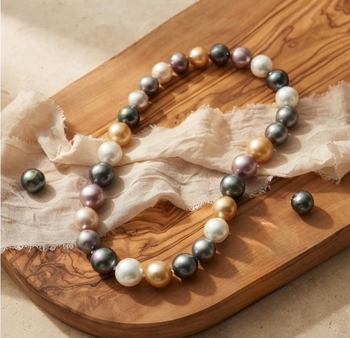 Iris Iridescent Pearl Necklace – flat lay on wooden board with linen
