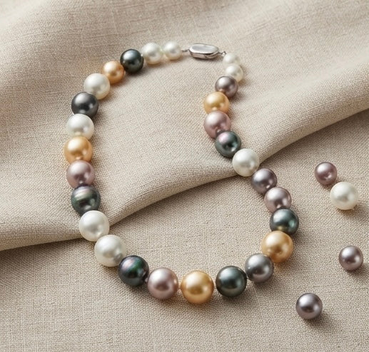 Iris Iridescent Pearl Necklace – full strand on linen fabric with loose pearls