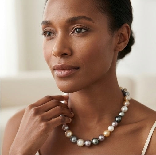 Iris Iridescent Pearl Necklace – model wearing multi-color strand at collarbone