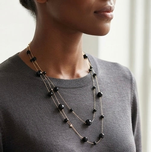 Long Black Crystal Sweater Necklace – 173cm Gold & Black Multilayer Station Chain for Women