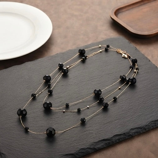 Long Black Crystal Sweater Necklace – 173cm Gold & Black Multilayer Station Chain for Women