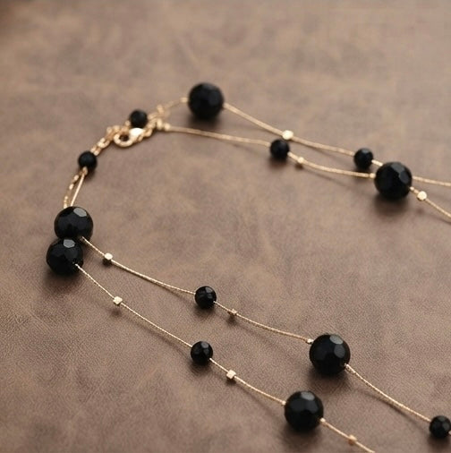 Long Black Crystal Sweater Necklace – 173cm Gold & Black Multilayer Station Chain for Women