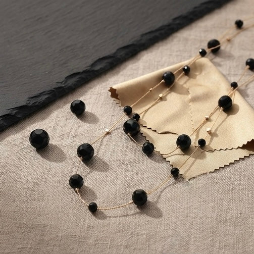 Long Black Crystal Sweater Necklace – 173cm Gold & Black Multilayer Station Chain for Women
