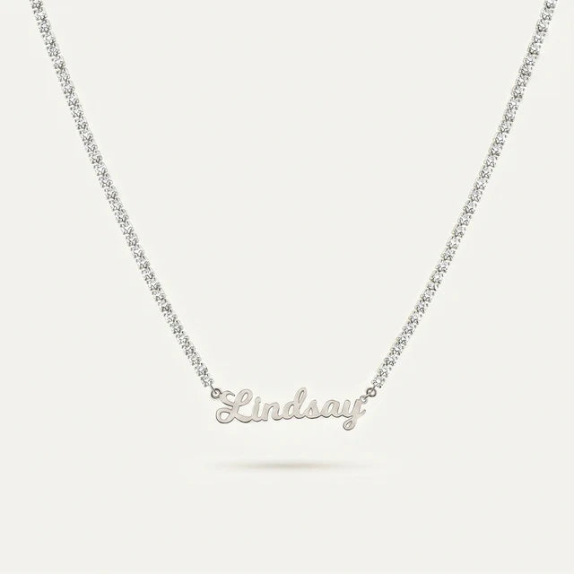 Personalized Name Necklace – 18K Gold Cursive Script Pendant on Tennis Chain