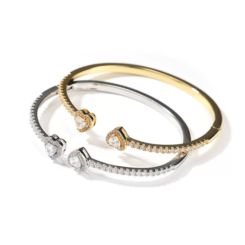 Amour Heart Zircon Open Bangle – Gold and Silver set on white background