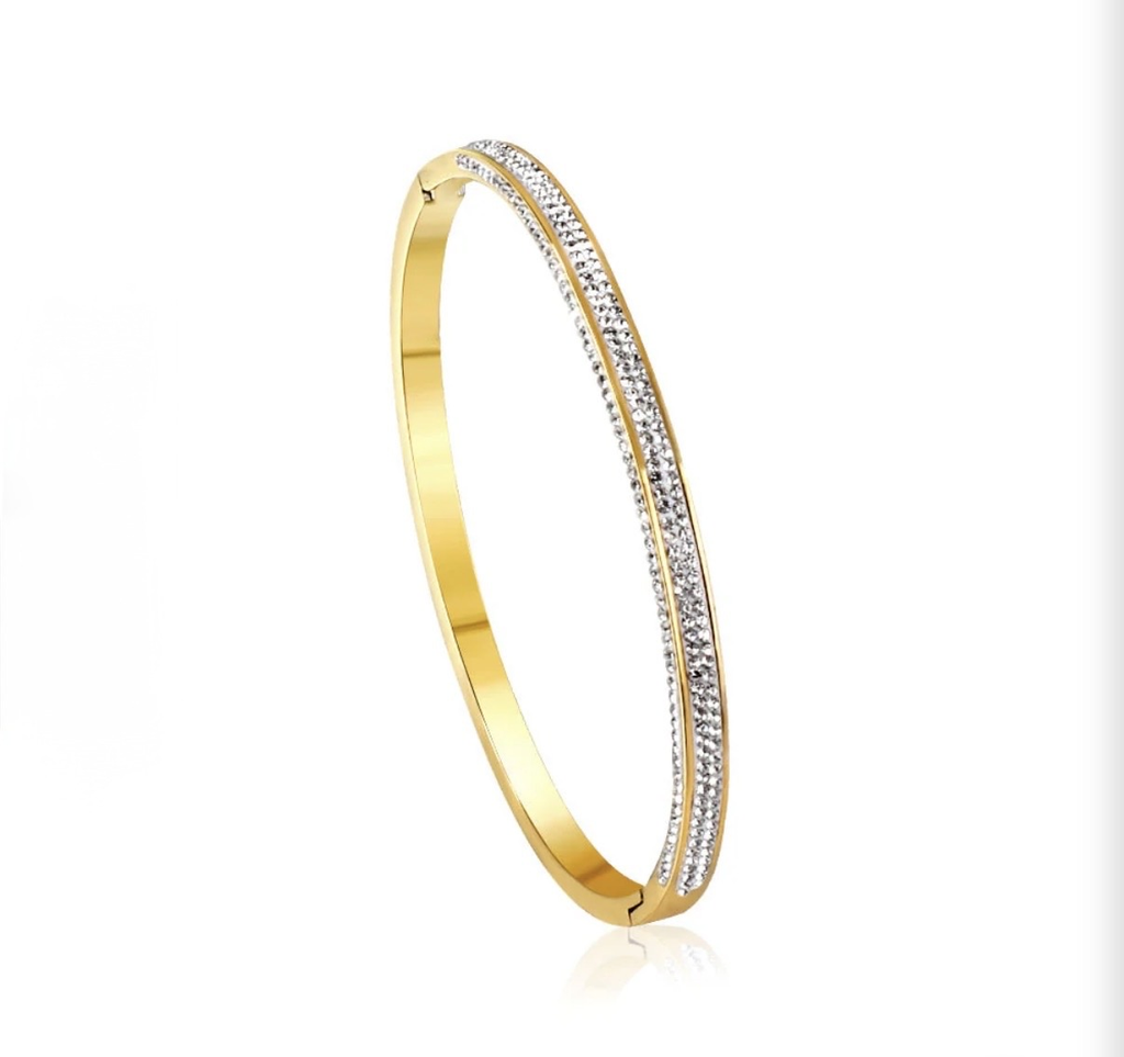Aurelia Sparkling Crystal Bangle – gold hinged bracelet on white background