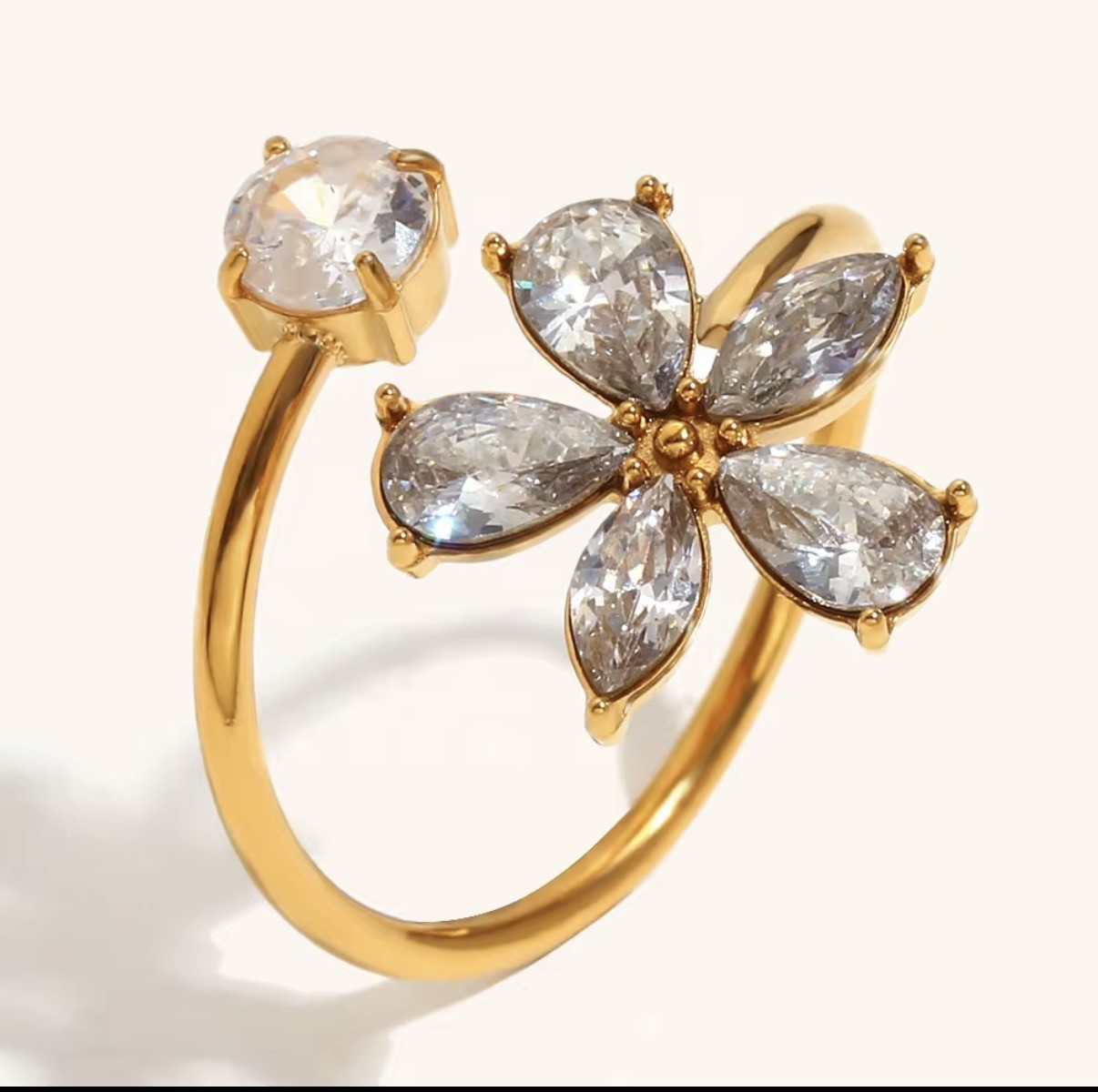 Botanical Bliss Flower Zircon Ring – front view showing flower and round accent