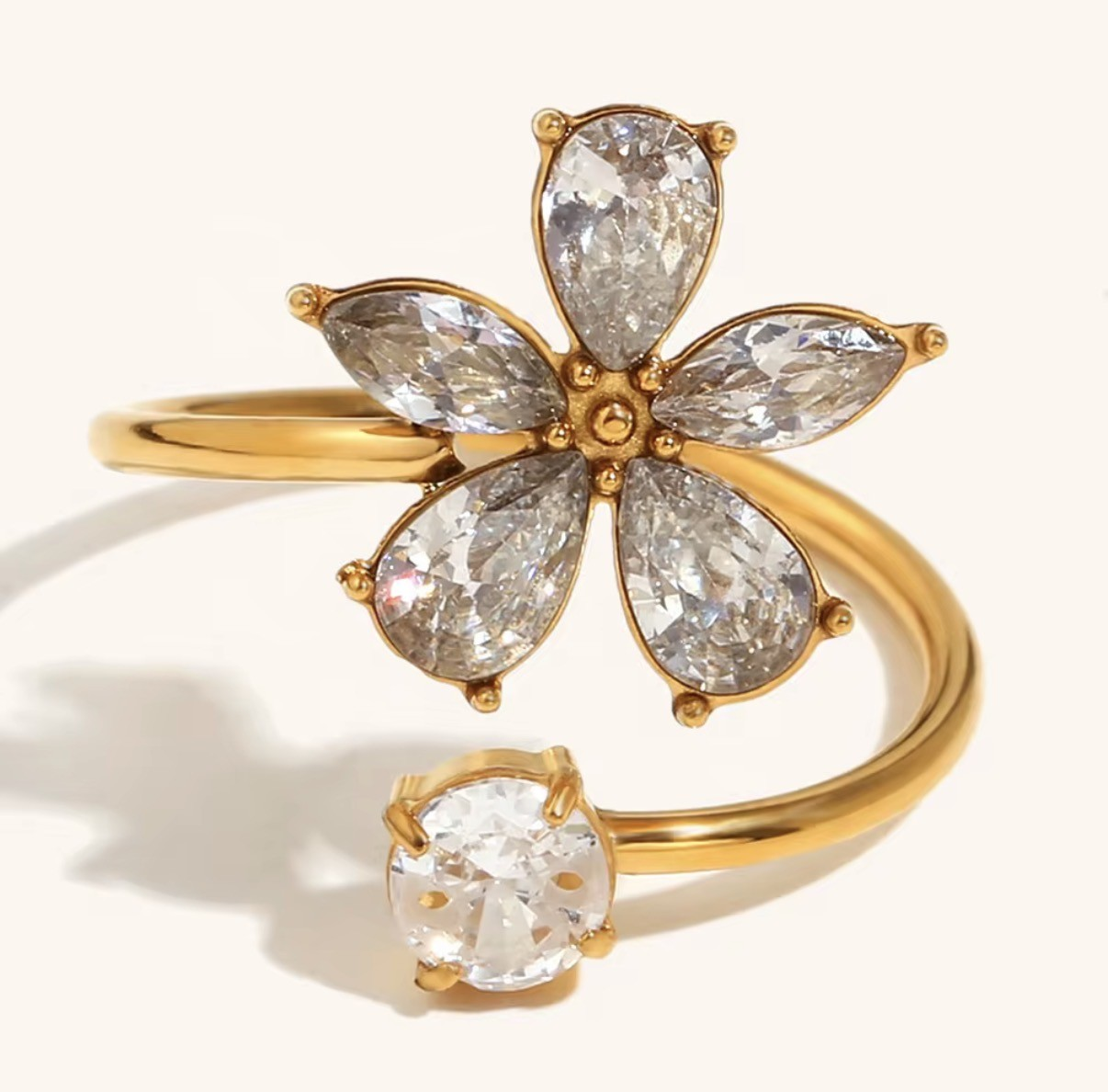 Botanical Bliss Flower Zircon Ring – side view showing bypass band detail