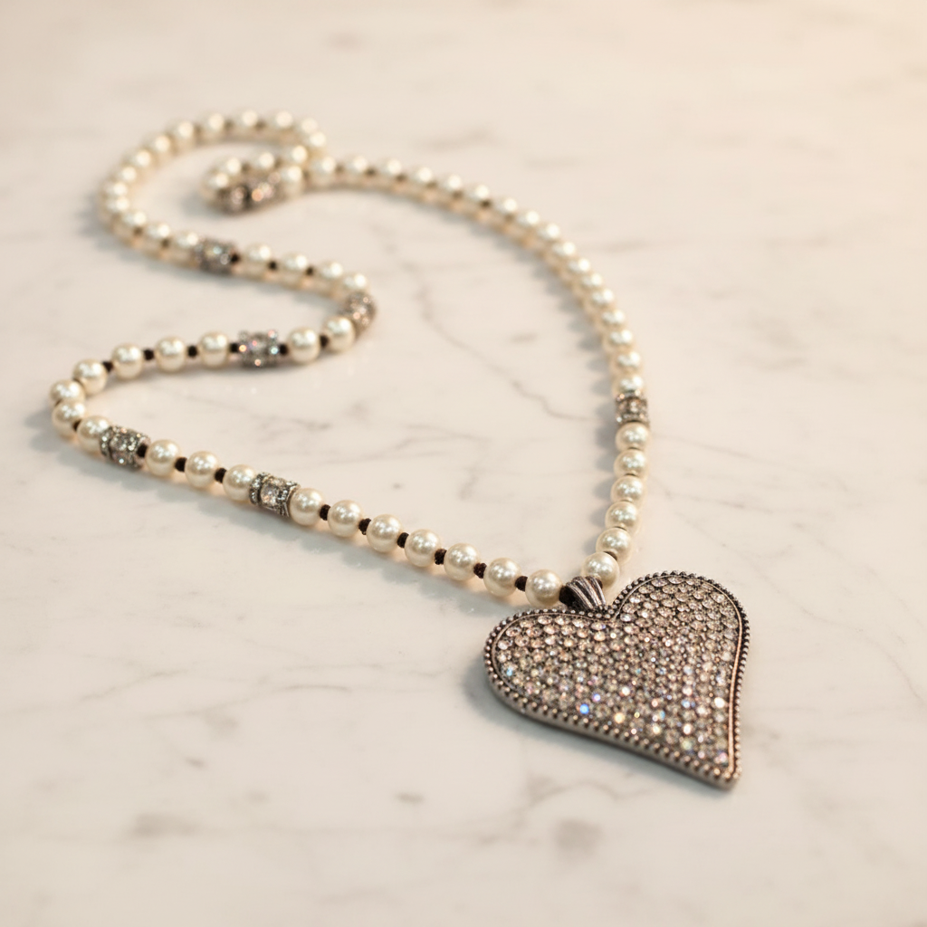 Pearl & Crystal Heart Long Pendant Necklace